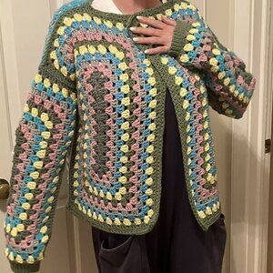 Granny Square Sweater, Open Front Cardigan, Ribbed Cuffs, Multicolor Large, New
